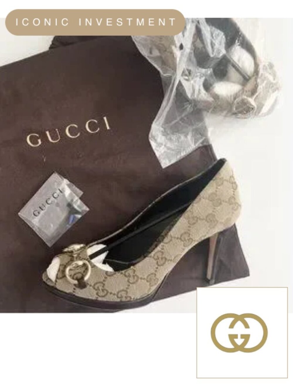 Gucci GG Signature Logo Heels with Gold Horsebit / Size 36